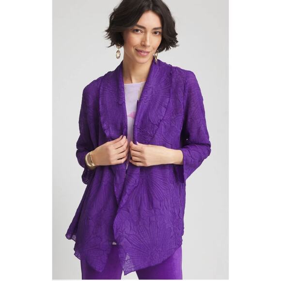 Chico’s Travelers Open Cardigan Jacket 3 Navy Blue Textured Floral Print - Picture 7 of 8